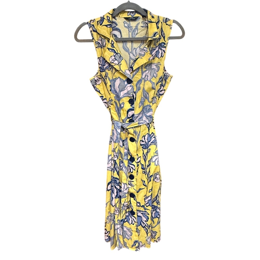 Mlle Gabrielle Shirt Day Dress Floral Sleeveless Yellow Size M ‎ Belted